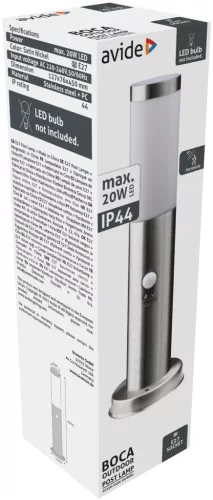 Avide kültéri álló lámpa Boca 1xE27 PIR 450mm IP44 Szatén Nikkel