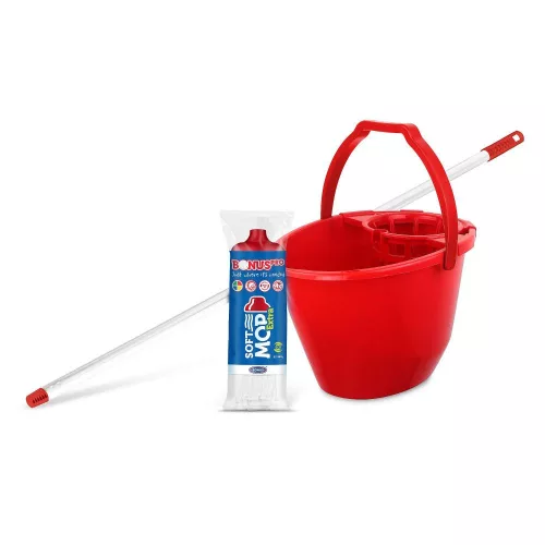 Bonus Felmosó szett-vödör PIROS 11L  csavaró kosár, felmosó nyél 120cm Softmop 160gr
