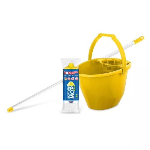 Bonus Felmosó szett-vödör SÁRGA 11L  csavaró kosár, felmosó nyél 120cm Softmop 160gr