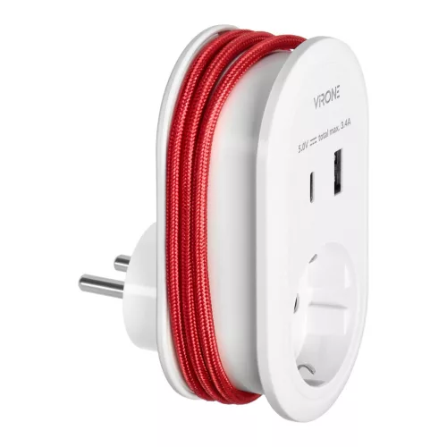 Virone hálózati elosztó adapter, telefontöltő schuko + USB A+C, USB C + lightning kábel