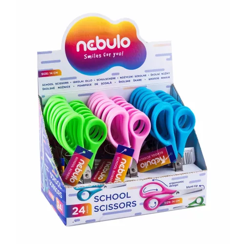 Olló 14cm, kerekített heggyel, ergonomikus, iskolai, Nebulo