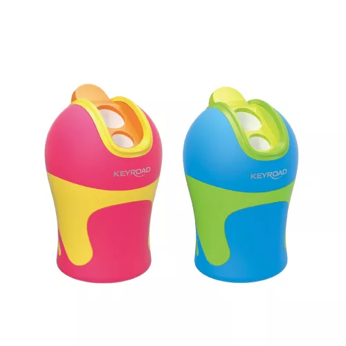 Hegyező 2 lyukú tartályos, fedeles, ceruzahegy gömbölyítő 12 db/display Keyroad Colour Special vegyes színek