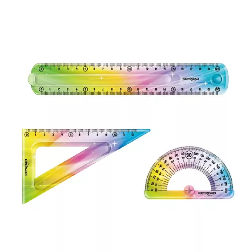 Vonalzókészlet, 20 cm, flexibilis vonalzó, szögmérő, derékszög vonalzó, 3 db/bliszter Keyroad Flex Draw vegyes színek