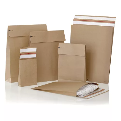 Csomagküldő webshop tasak 350x450x120mm, erős kraft papírból 200 db/doboz, E-green barna