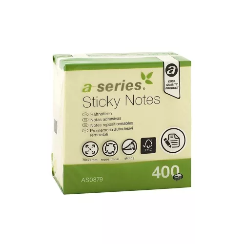 Jegyzettömb öntapadó 75x75mm 400lap A-Series sárga
