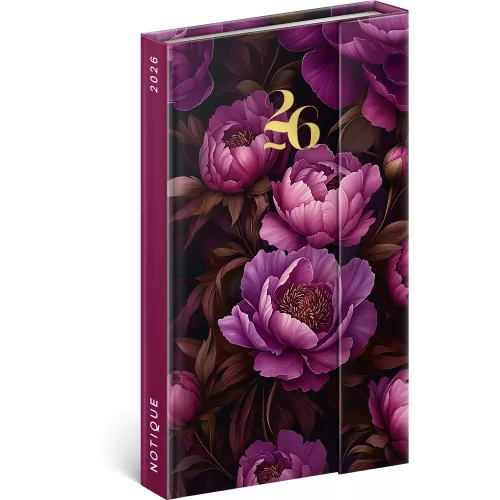 Határidőnapló mágnessel záródó, heti, fehér lapokkal Purple Flowers 130x210 mm, Presco