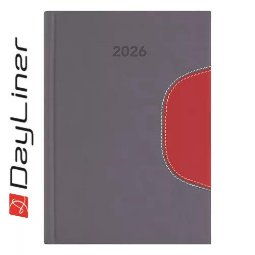 Határidőnapló Memphis A5 napi, fehér lapokkal szürke-piros Dayliner 2027.