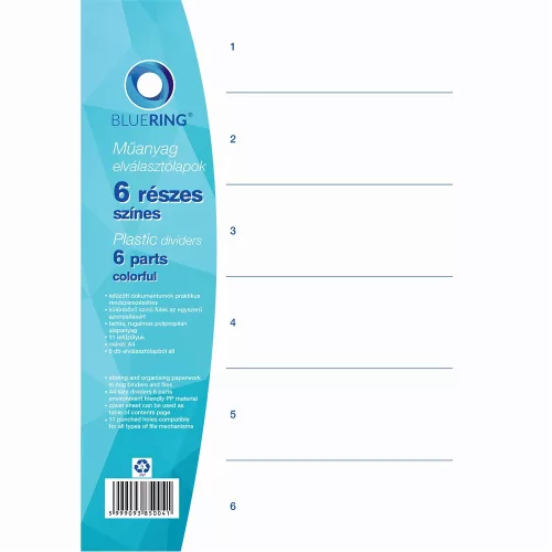 Elválasztólap, színes műanyag 6 részes Bluering®