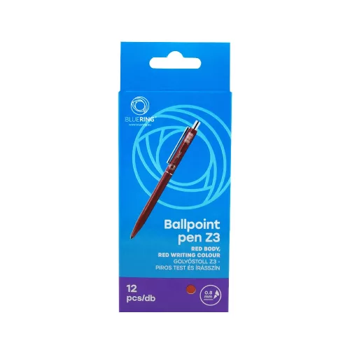 Golyóstoll 0,8mm, nyomógombos műanyag piros test, Bluering® Z3, írásszín piros