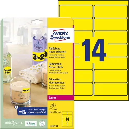 Etikett címke, 99,1 x38,1mm, visszaszedhető, neon 14 címke/ív, 25 ív/doboz, Avery sárga